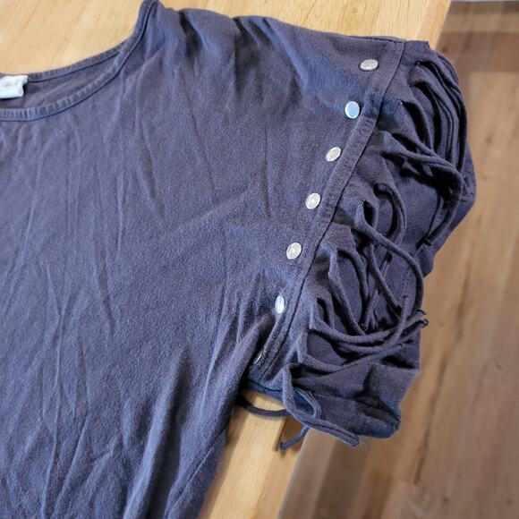 VibeN' Rock & Roll T-shirt Fringe Gray Short Sleeve Cropped Studded M - Picture 3 of 11